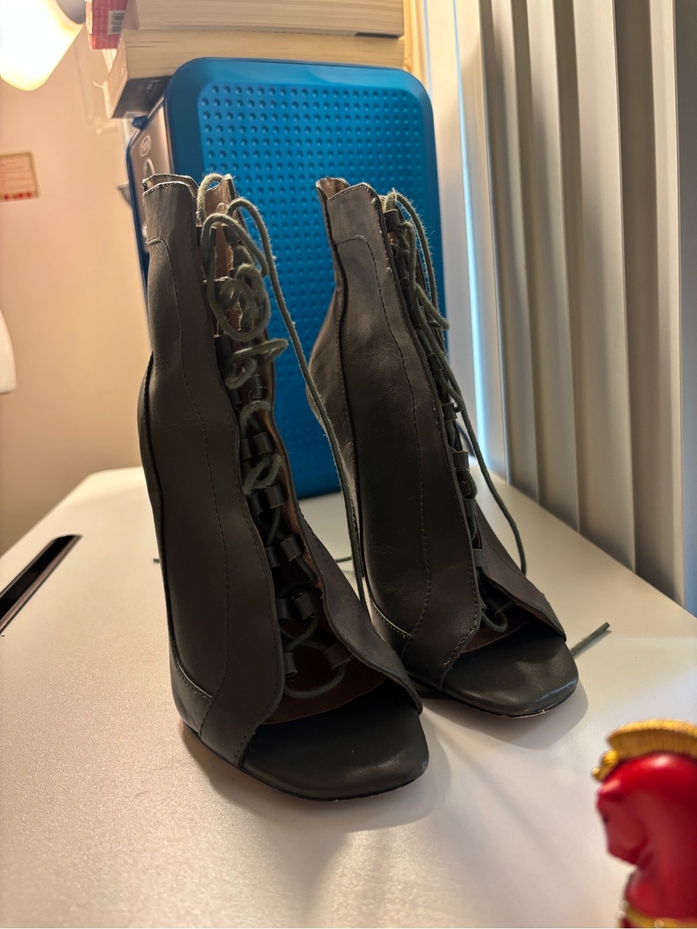 Renvy Olive Green Lace-Up Open-Toe Heeled Booties